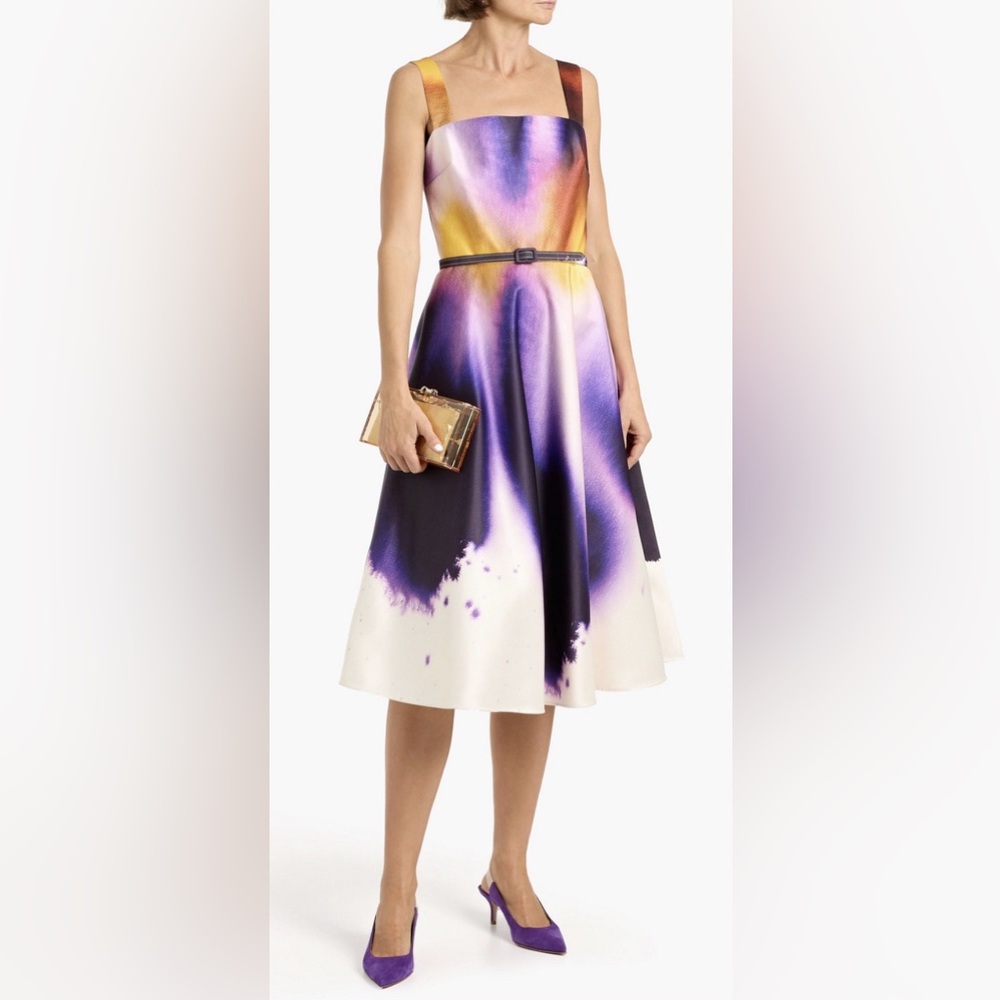 Oscar de la Renta Purple, Yellow and White Satin Midi Dress